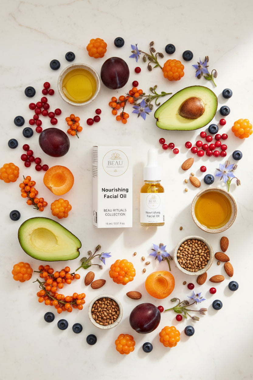 A bottle of BEAU Wellness & Beauty Nourishing Facial Oil with a white dropper cap stands next to its white product box on a clean, light gray studio background with nordic berries, avocado, plums, apricots, evening primrose, and sea buckthorn.