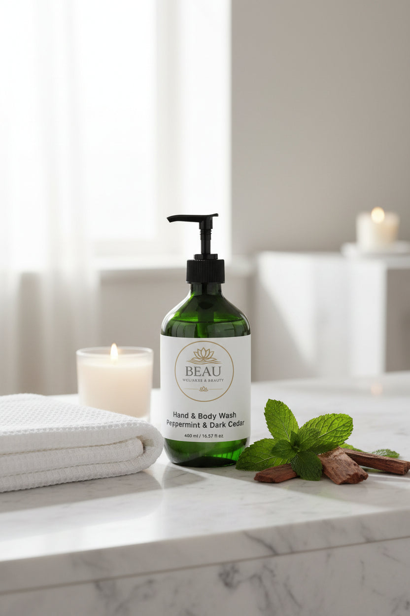 Beau Wellness & Beauty Hand and Body Wash in Peppermint and Dark Cedar with hydrating Betaine and organic Quince Extract – vegan, gluten free, Ecocert COSMOS Natural certified