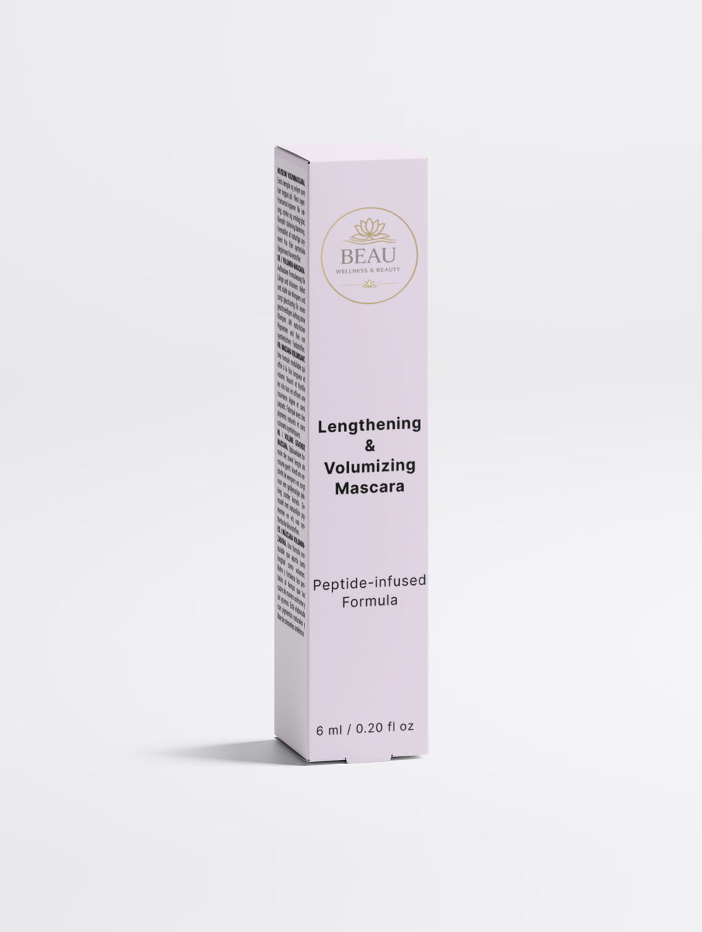 Beau Wellness & Beauty Lengthening & Volumizing Mascara Lavender box with 'BEAU' branding on a white background