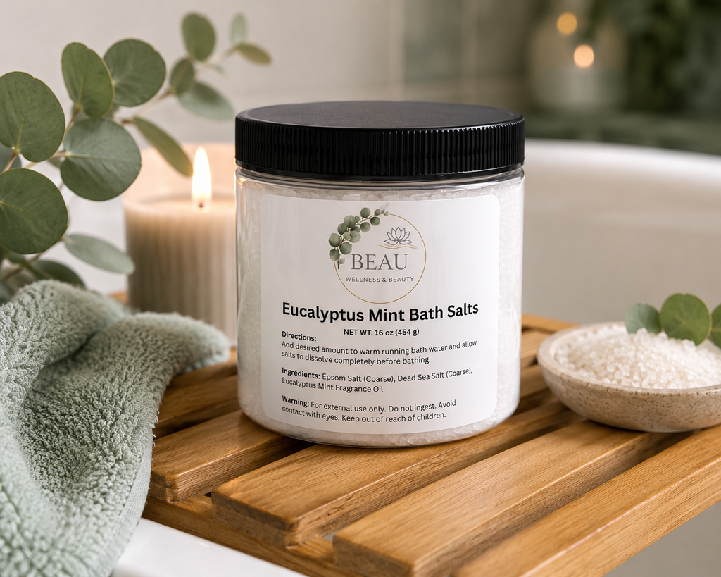 A jar of Eucalyptus Mint Bath Salts arranged in a warm, spa-like bathroom setting, displayed on a wooden tray alongside a soft rolled beige towel and decorative green foliage.