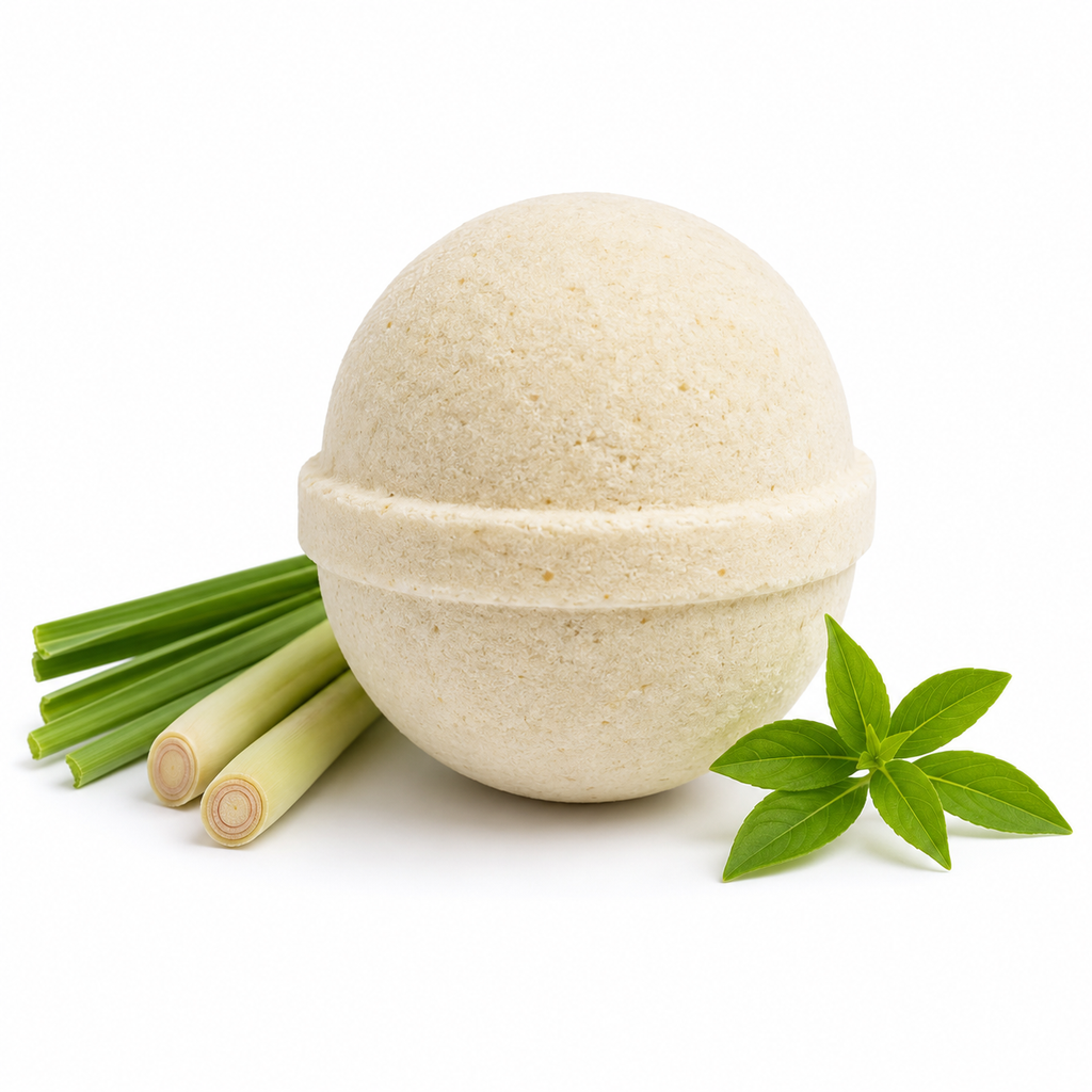 Reset Ritual Lemongrass bath bomb on a white background with fresh lemongrass stalks and green leaves illustrating the clean ingredients.⁠