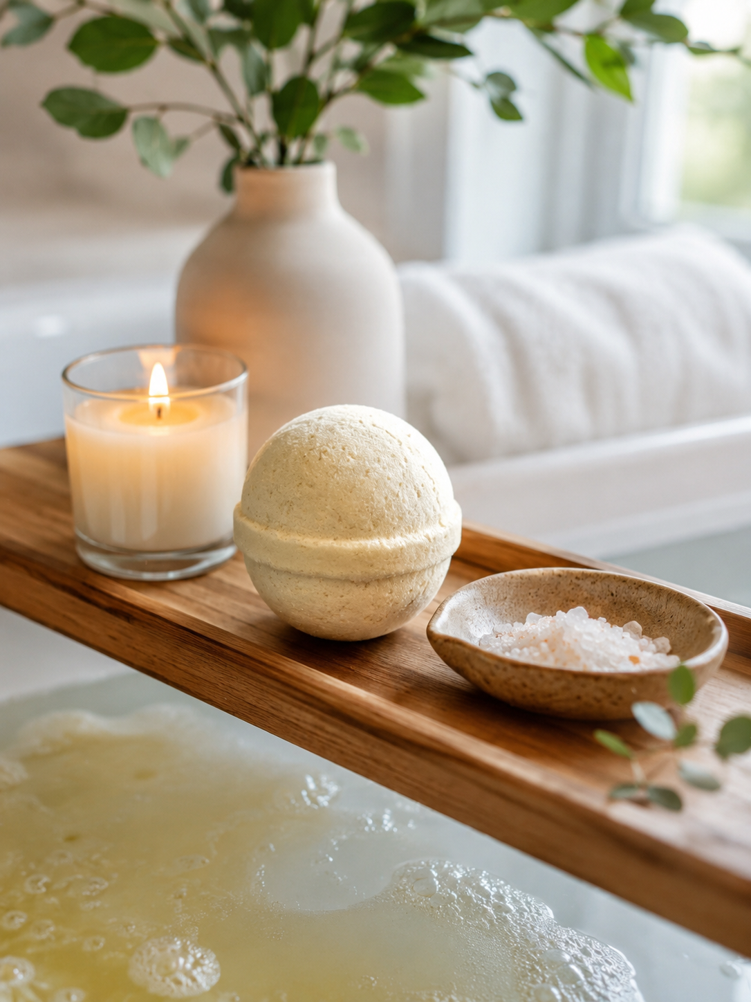Beau Wellness & Beauty Reset Ritual Lemongrass Bath bomb, candle, and bowl of bath salts on a wooden tray over a bathtub.
