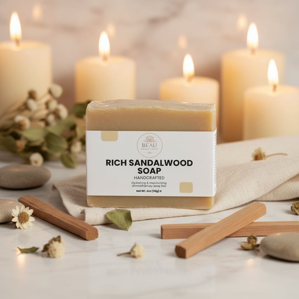 Beau Wellness Rich Sandalwood Handcrafted Soap 2-Pack of textured natural bar soaps resting on a clean background.
