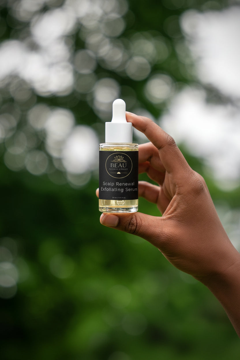 Beau Wellness & Beauty Scalp Renewal Exfoliating Serum held by a persons hand in a blurred tree background.