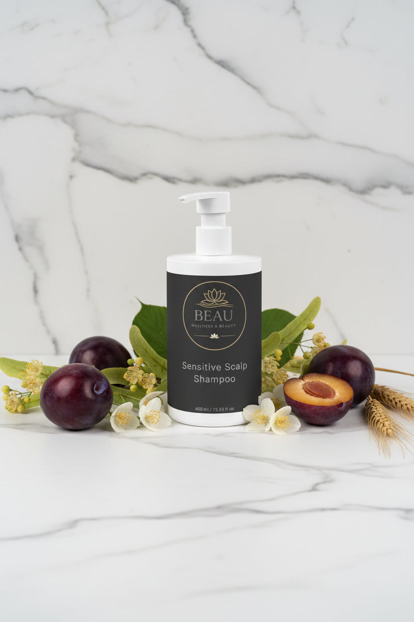 Beau Wellness & Beauty Sensitive calp Shampoo on a marble background with plums, linden flowers, jasmine and wheat.