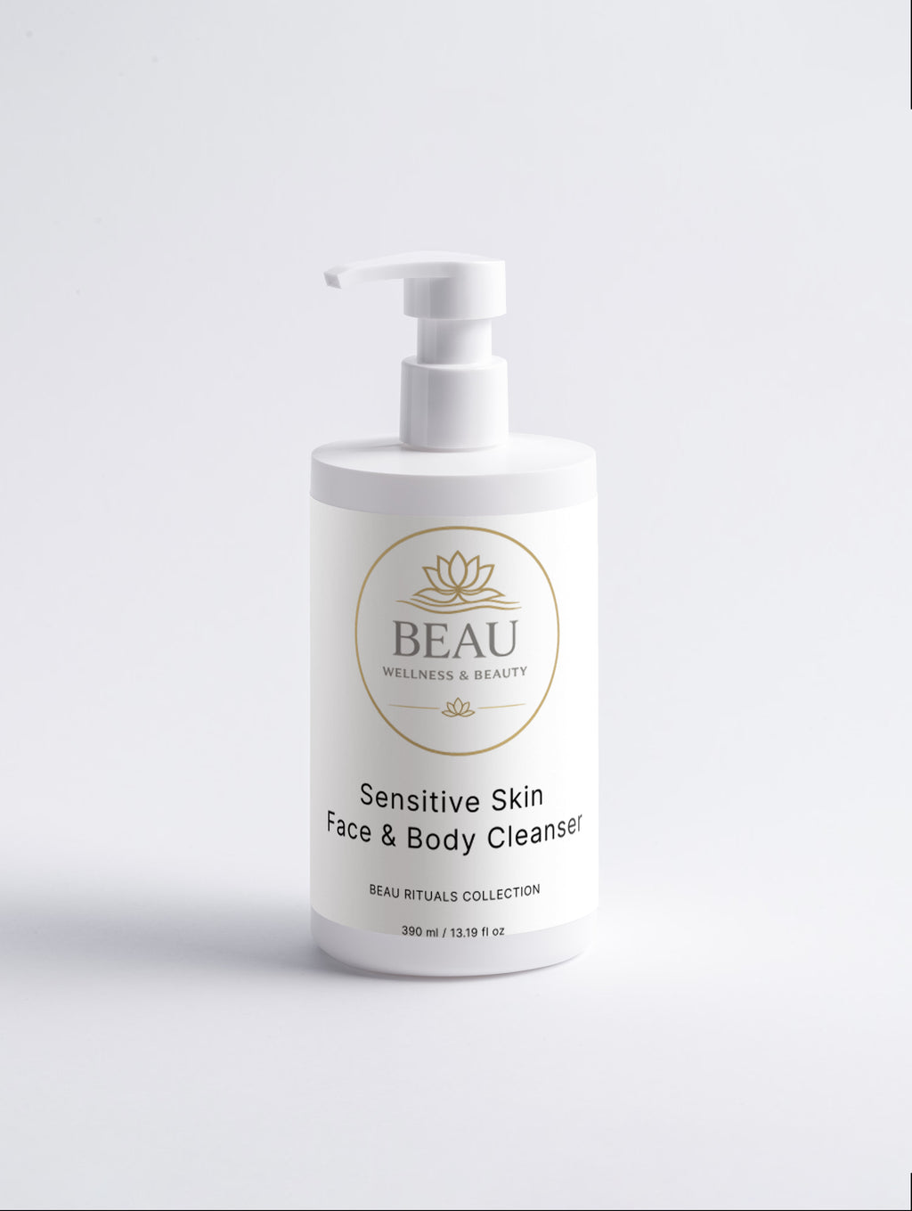 A white pump bottle of BEAU Wellness & Beauty Sensitive Skin Face & Body Cleanser on a light gray background.