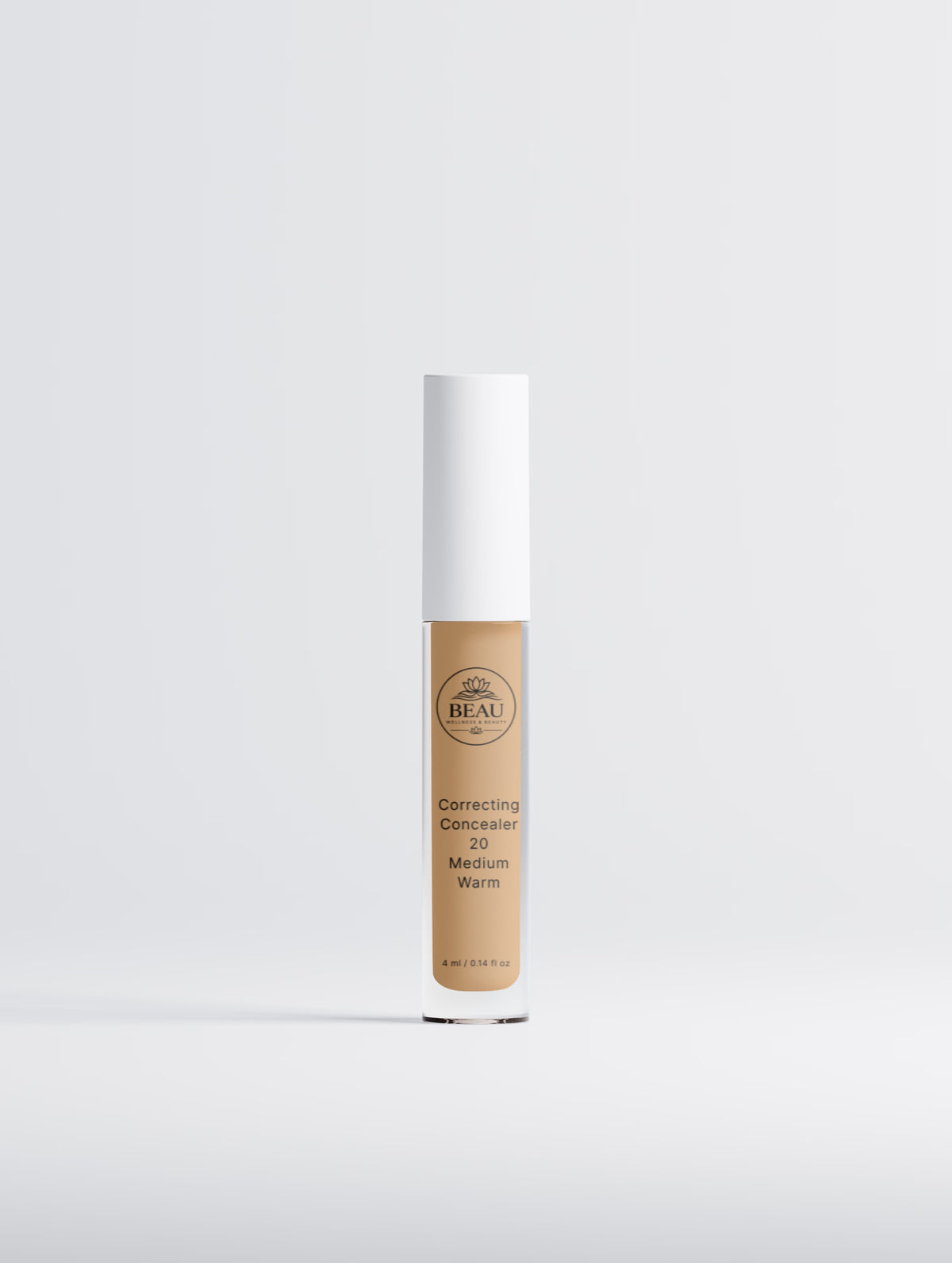 Beau Wellness & Beauty Correcting Concealer featuring a clear bottle showing shade 20 Medium Warm inside, a white cap, and black lettering, set against a clean light gray background.