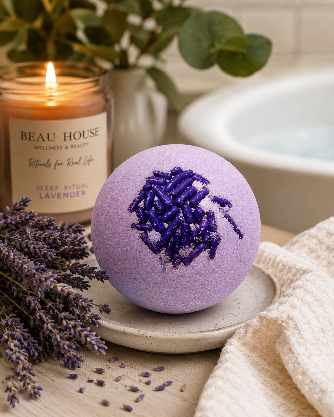 Beau Wellness & Beauty Sleep Ritual Lavender Purple bath bomb with lavender flowers and a candle on a wooden surface.