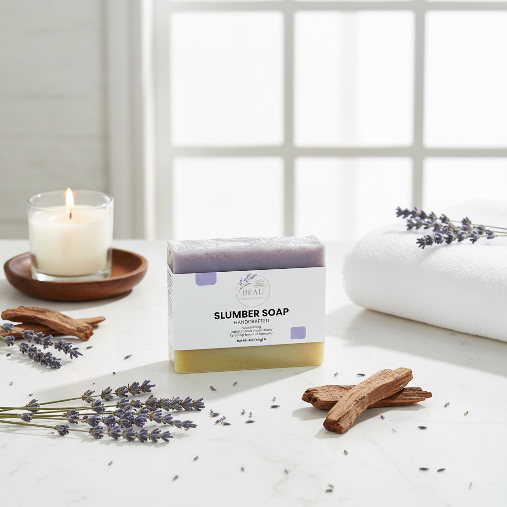 Handcrafted Bar of slumber soap with cedar and lavender with a white Beau Wellness & Beauty label on a light gray background