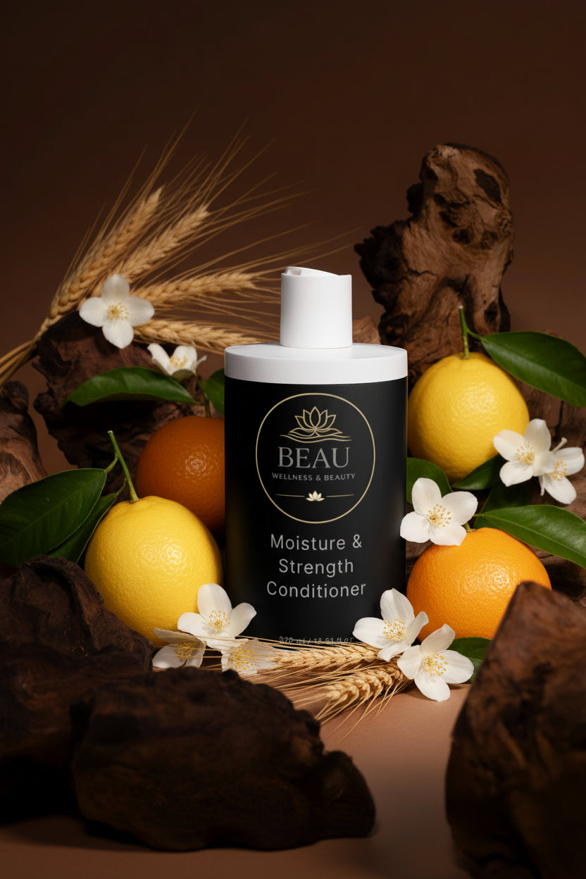 Beau Wellness & Beauty  Moisture & Strength Conditioner on a white marble background with citrus fruits, wheat stalks and jasmine flowers.