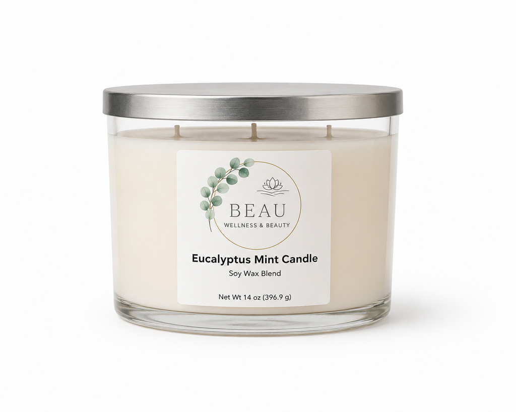 Beau Wellness & Beauty Eucalyptus mint soy blend candle with a silver lid on a white background