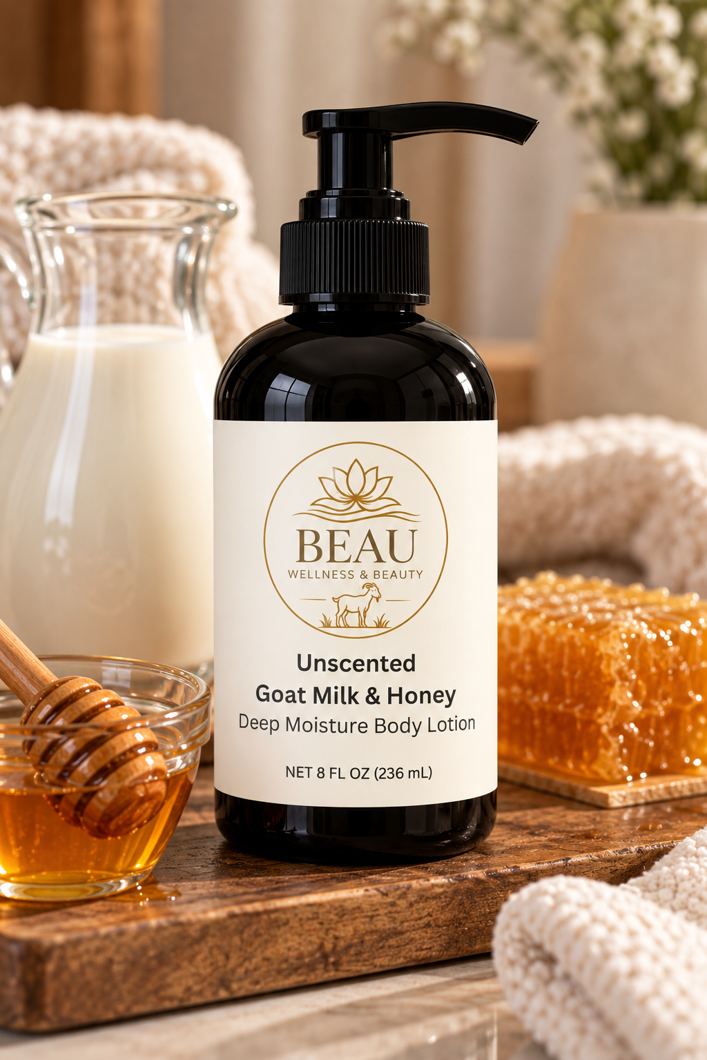 A bottle of BEAU Wellness & Beauty Unscented Goat Milk & Honey Deep Moisture Body Lotion stands on a wooden tray with honey, a honey dipper, a glass of milk, and soft knit textiles in the background.