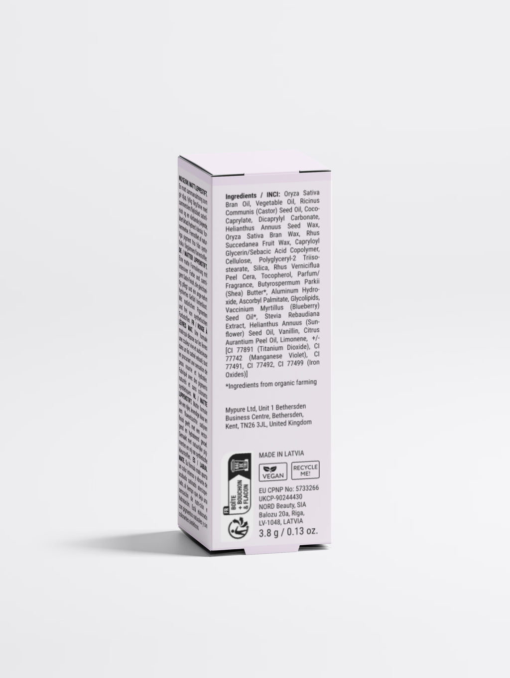 Matte Lipstick (Terracotta Nude) | Vegan & Natural back of box on white background.