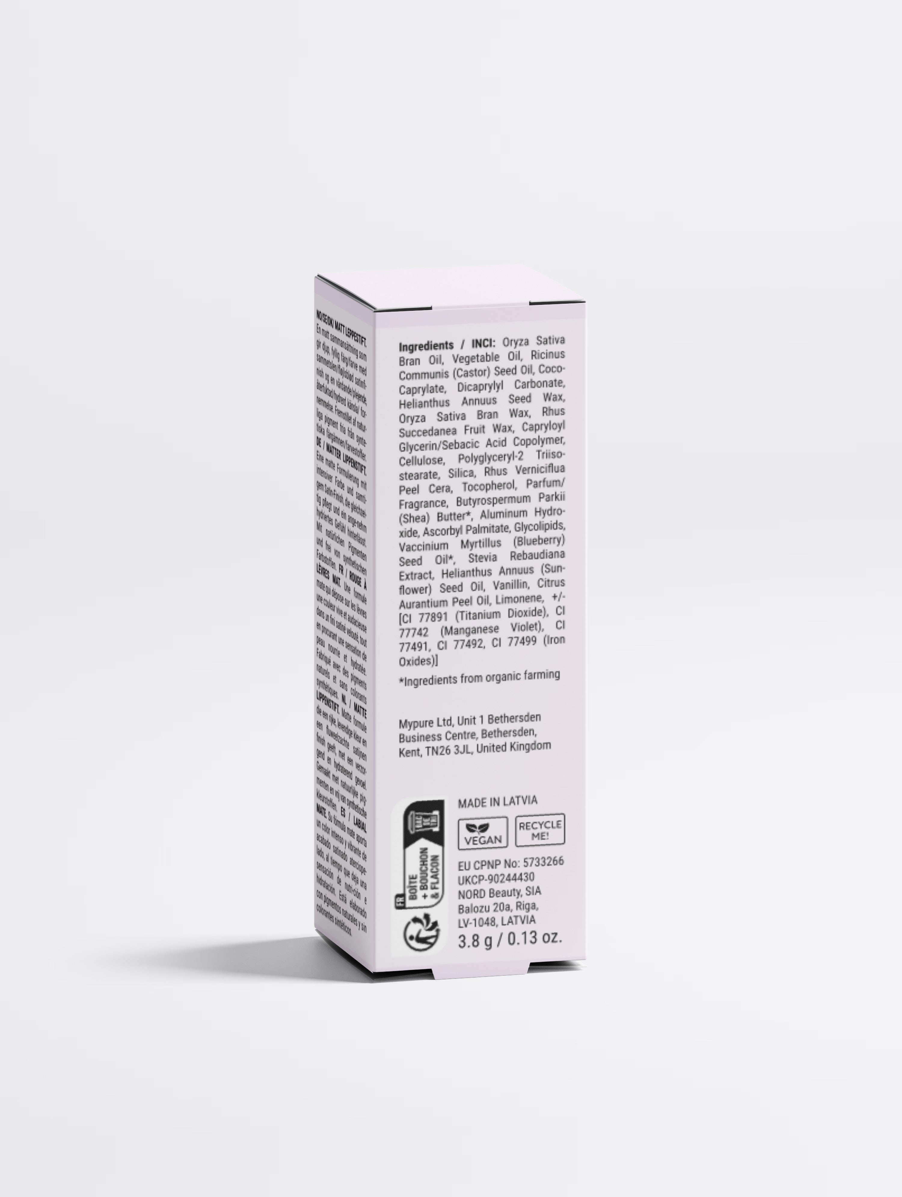 Matte Lipstick (Terracotta Nude) | Vegan & Natural back of box on white background.