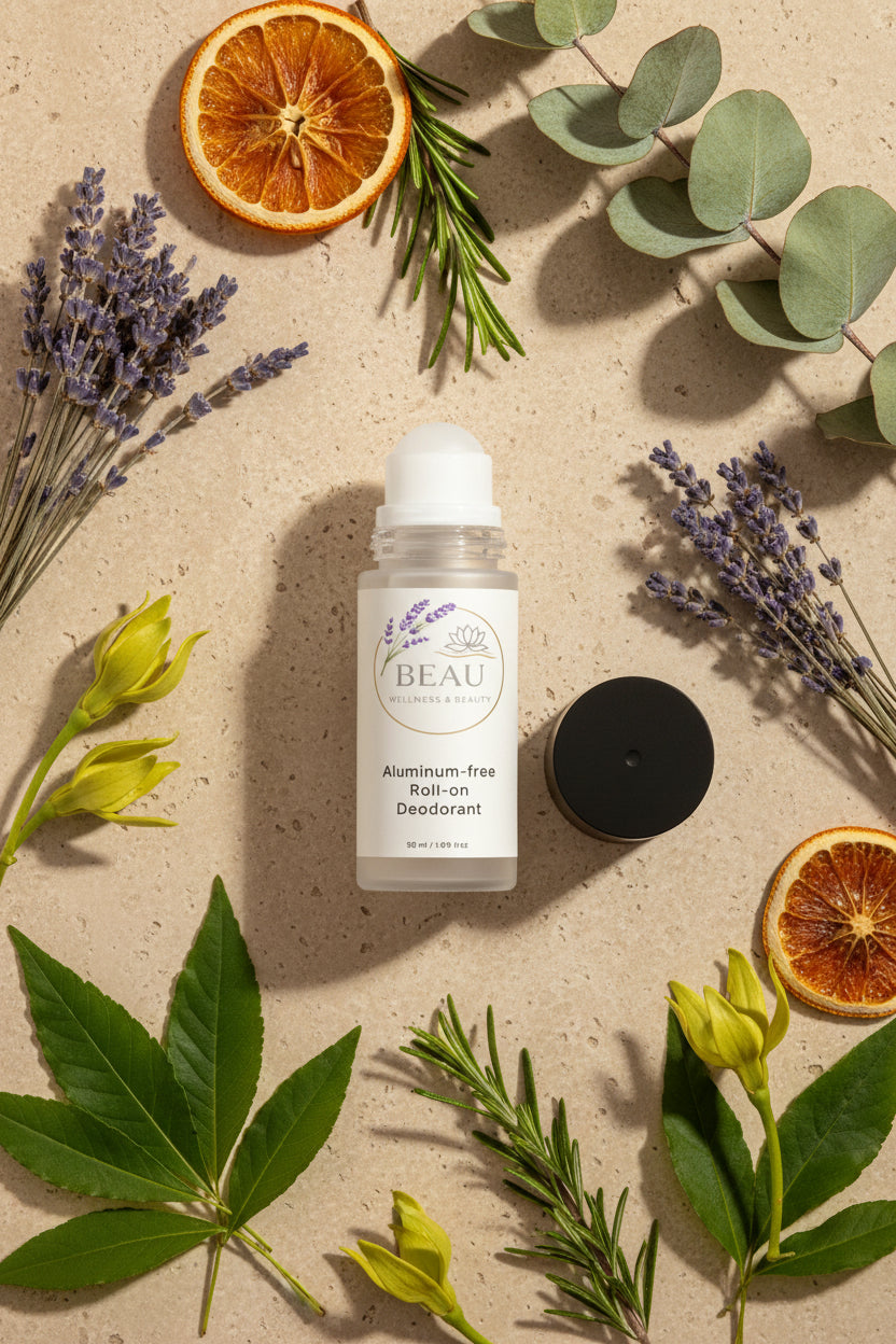 Beau Wellness & Beauty Natural Aluminum Free Roll on Deodorant with botanicals, lavender, orange peel, rosemary, ylang-ylang, patchouli, and eucalyptus.
