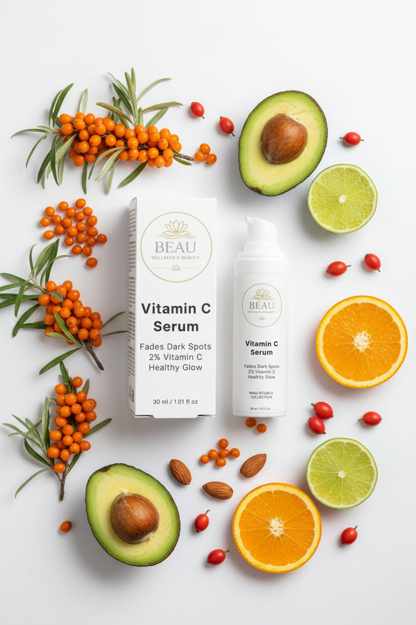 A white cosmetic box and matching pump bottle of BEAU Wellness & Beauty Vitamin C Serum on a clean light gray studio background with citrus, sea buckthorn, avocado and almonds.