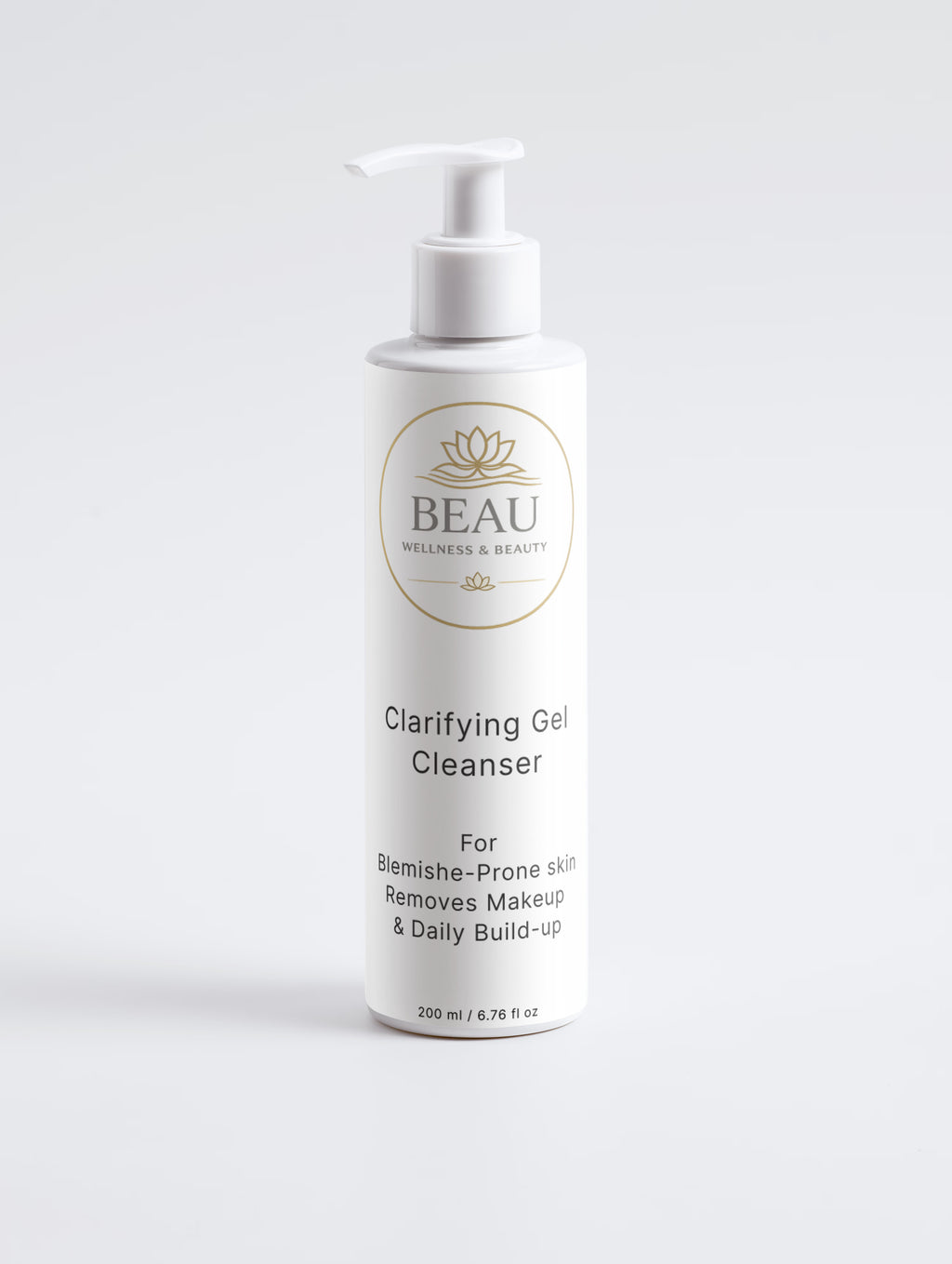 
"A front-facing view of the Beau Wellness & Beauty Clarifying Gel Cleanser bottle, a natural and vegan daily face wash designed for oily and blemish-prone skin and makeup removal."
