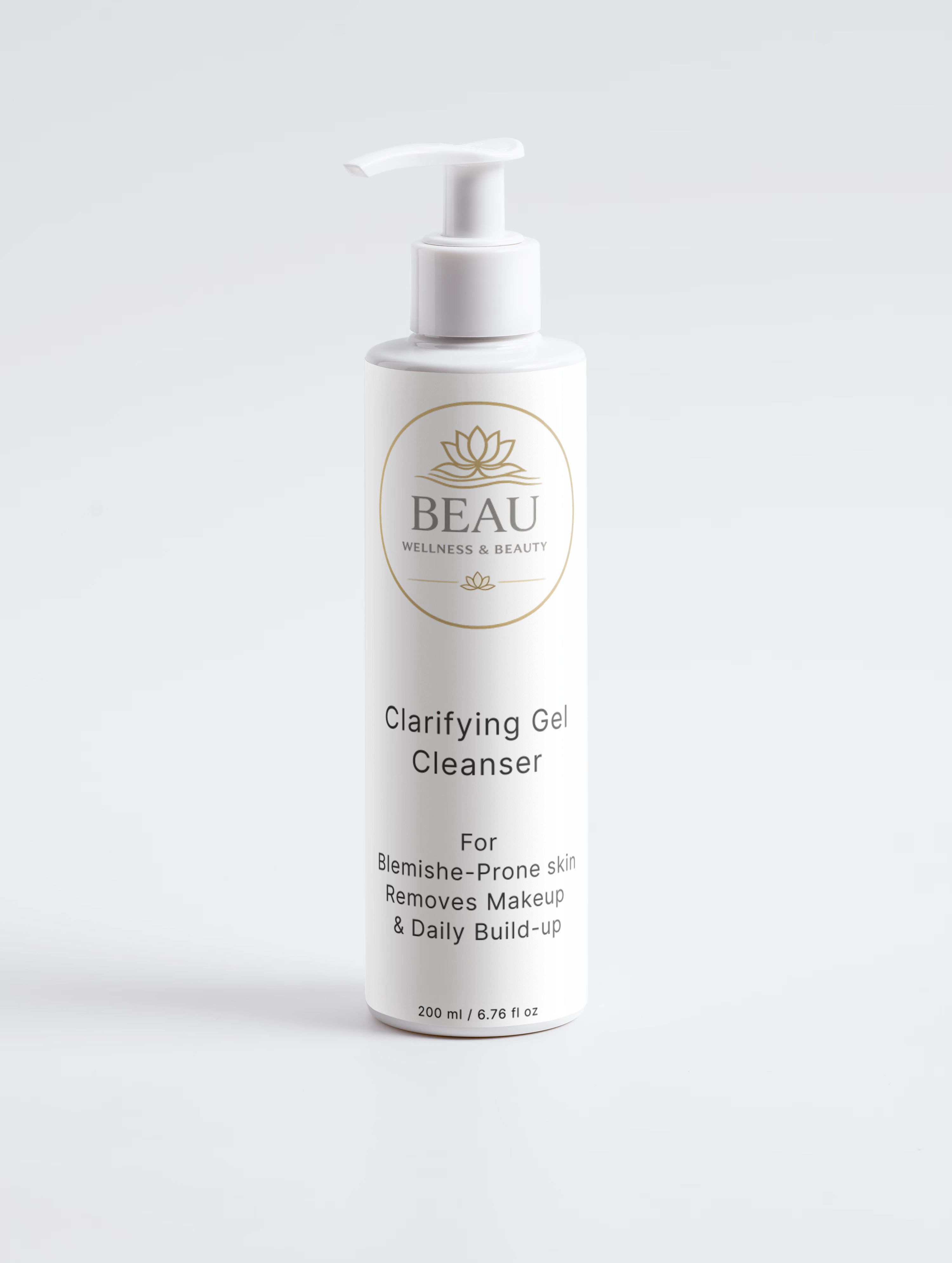
"A front-facing view of the Beau Wellness & Beauty Clarifying Gel Cleanser bottle, a natural and vegan daily face wash designed for oily and blemish-prone skin and makeup removal."
