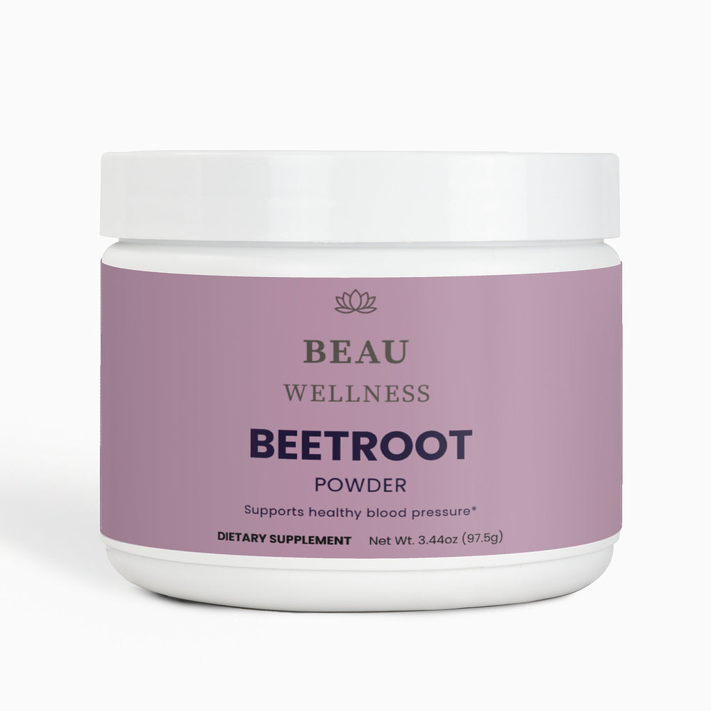Beau Wellness Beetroot Powder drink mix with hibiscus flower and apple juice powder for cardiovascular health, normal blood pressure, and workout recovery support on white background.