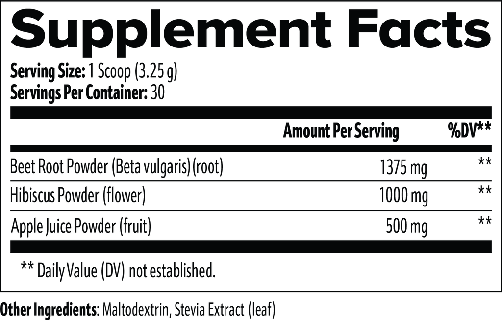 Beau Wellness Beetroot Powder drink mix with hibiscus flower and apple juice powder for cardiovascular health, normal blood pressure, and workout recovery support nutrition facts.