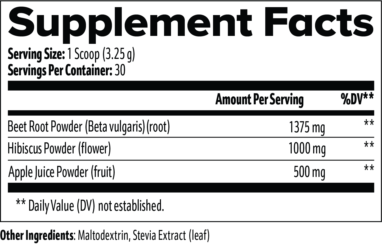 Beau Wellness Beetroot Powder drink mix with hibiscus flower and apple juice powder for cardiovascular health, normal blood pressure, and workout recovery support nutrition facts.