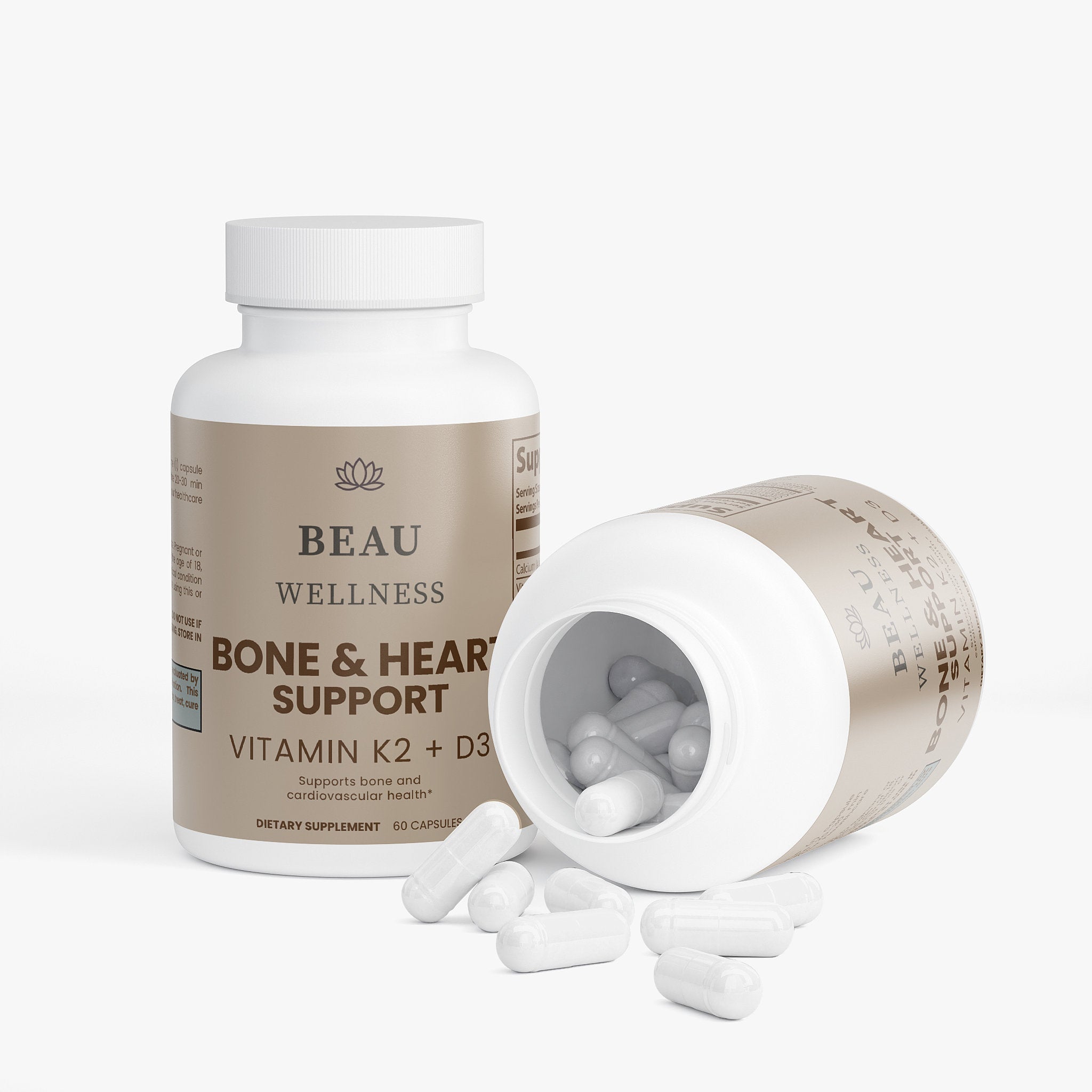 Two bottles of Beau Wellness Bone and Heart Support Capsules with Vitamin D3, K2, and Calcium⁠ on white background.