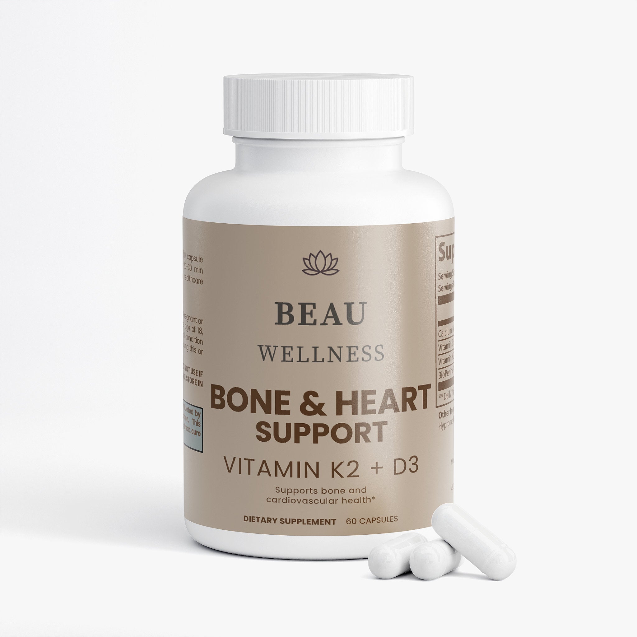 Beau Wellness Bone and Heart Support Capsules with Vitamin D3, K2, and Calcium⁠ on white background.