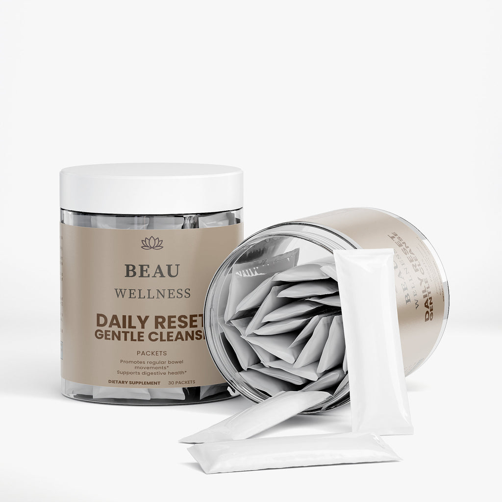 Two containers of Beau Wellness Colon Gentle Cleanse Powder Packets with Psyllium Husk and Digestive Enzymes⁠ on white background