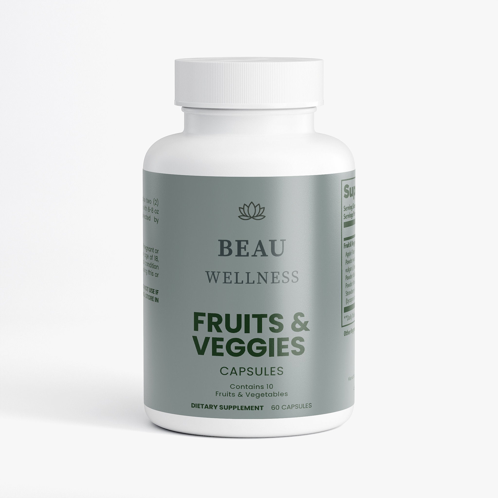 Supplement bottle labeled 'BEAU WELLNESS Fruits & Veggies' on a white background