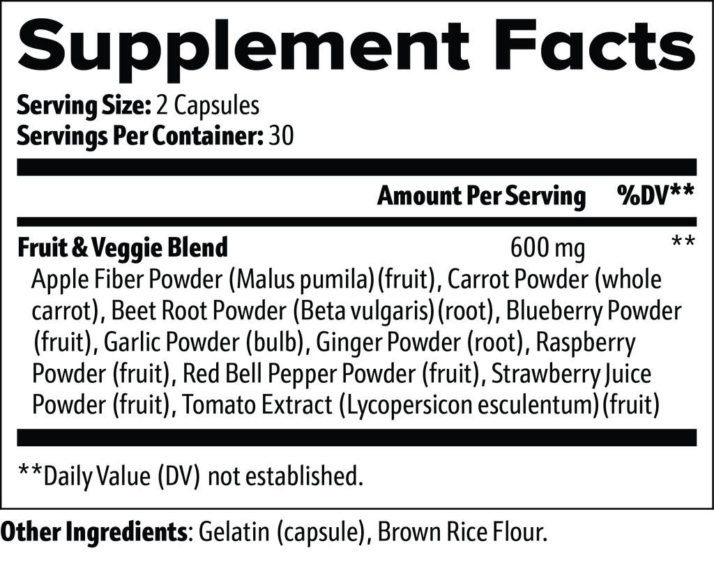 Supplement facts nutritional label with detailed ingredient list on a white background for Beau Wellness Fruits & Veggies