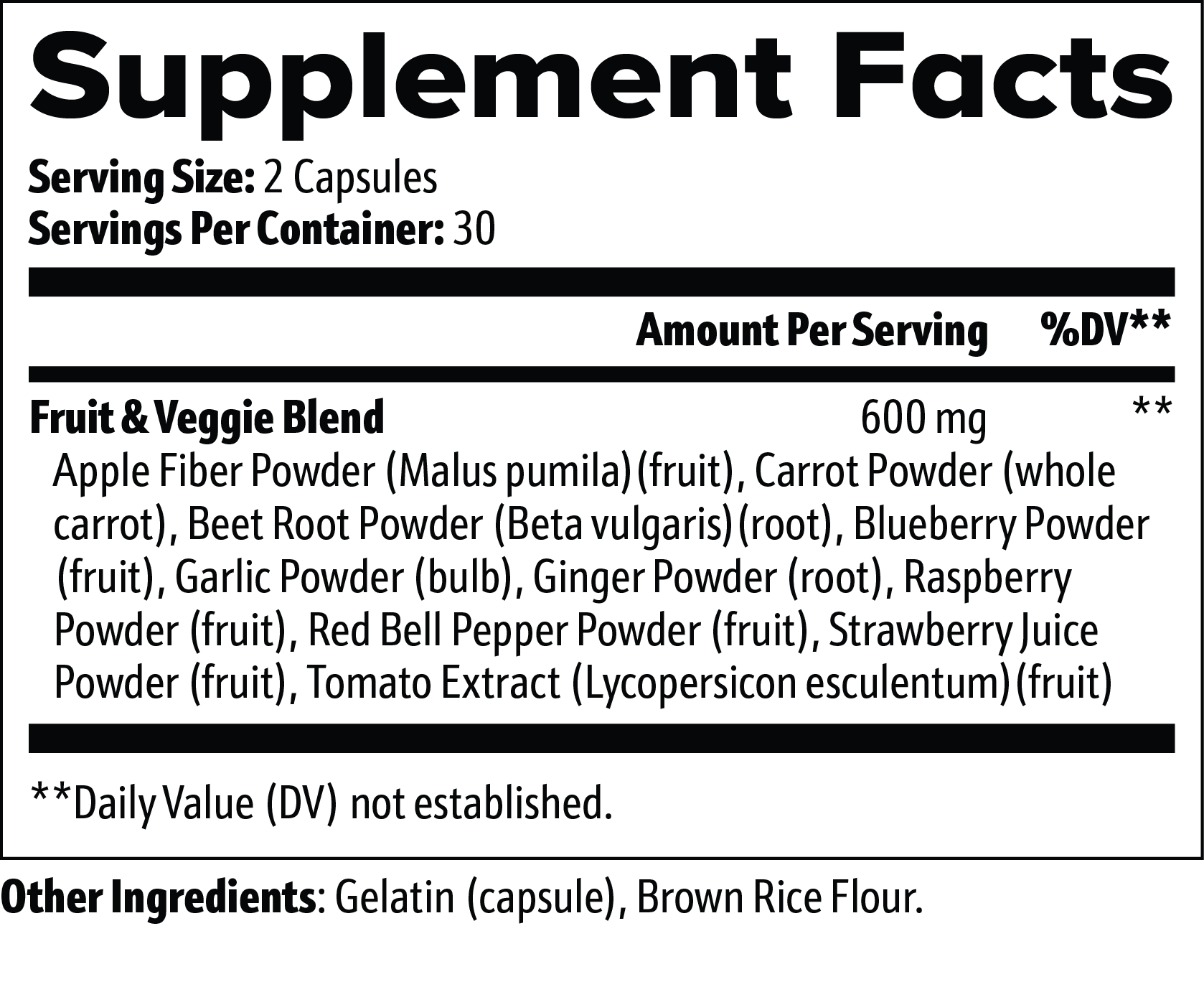 Supplement facts nutritional label with detailed ingredient list on a white background for Beau Wellness Fruits & Veggies