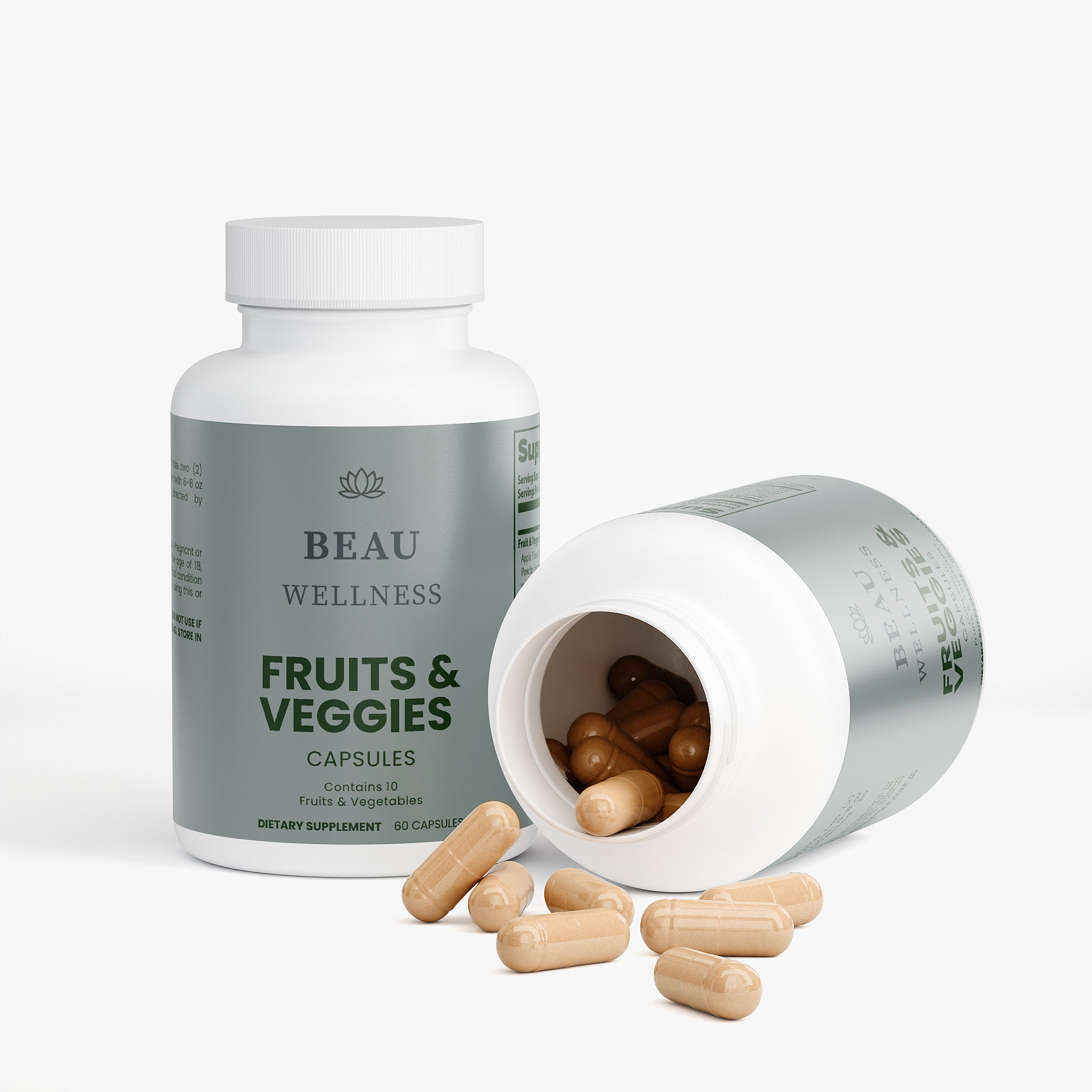 Beau Wellness Fruits & Veggies Supplement bottle labeled 'BEAU WELLNESS' with open cap showing brown capsules on a white background
