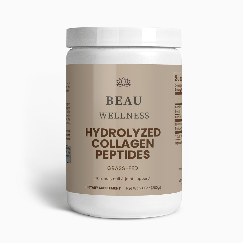 Beau Wellness unflavored Grass-Fed Hydrolyzed Collagen Peptides powder supporting muscle preservation, joint comfort, hair, and nail strength for GLP-1 users and active women.