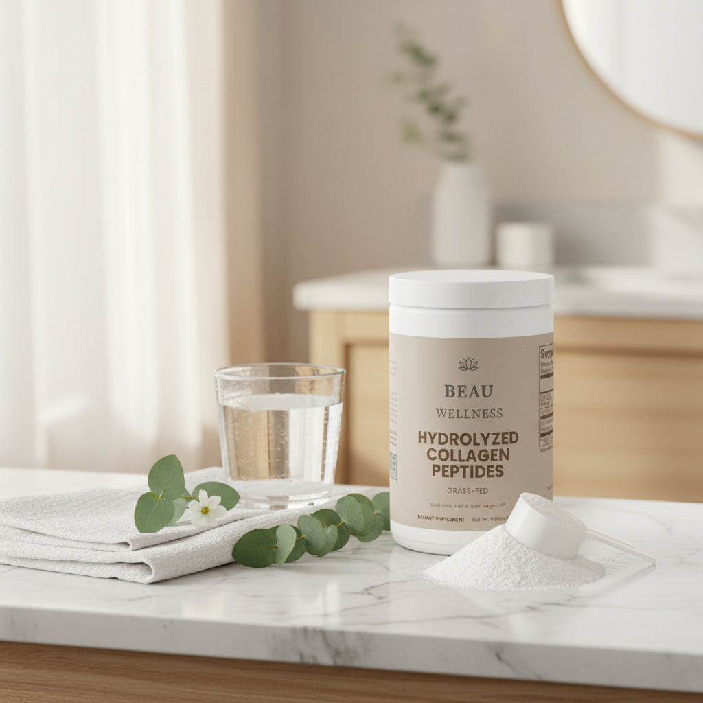 Beau Wellness unflavored Grass-Fed Hydrolyzed Collagen Peptides powder supporting muscle preservation, joint comfort, hair, and nail strength for GLP-1 users and active women.