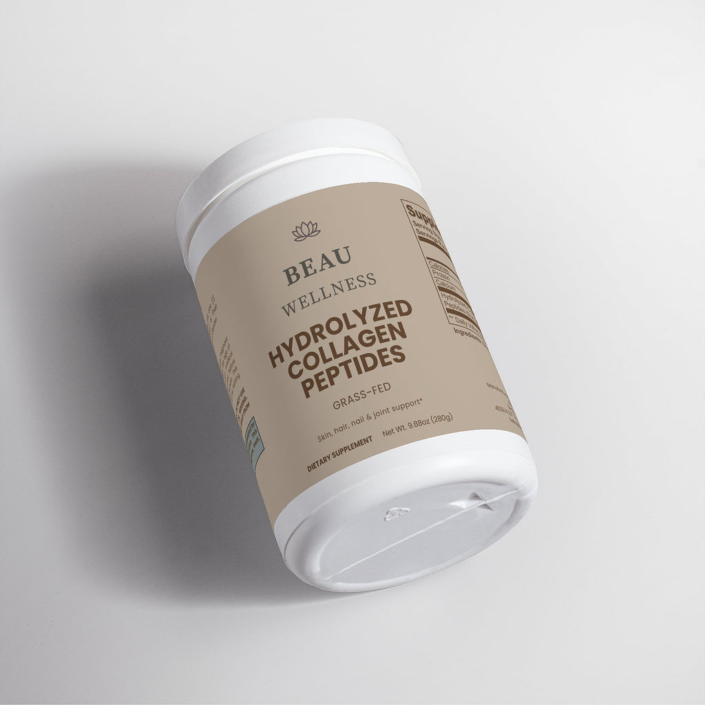 Beau Wellness unflavored Grass-Fed Hydrolyzed Collagen Peptides powder supporting muscle preservation, joint comfort, hair, and nail strength for GLP-1 users and active women.