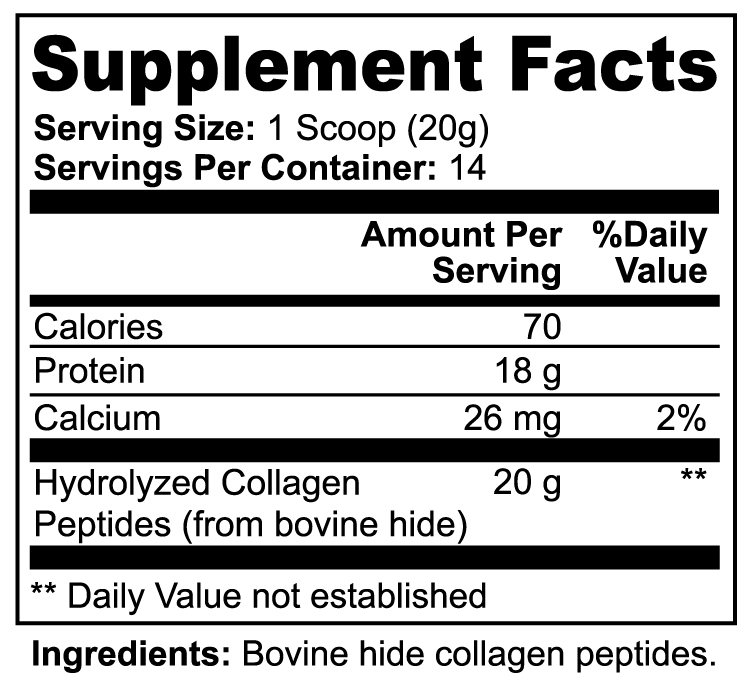 Beau Wellness unflavored Grass-Fed Hydrolyzed Collagen Peptides powder supporting muscle preservation, joint comfort, hair, and nail strength for GLP-1 users and active women. Nutrition Facts Label.