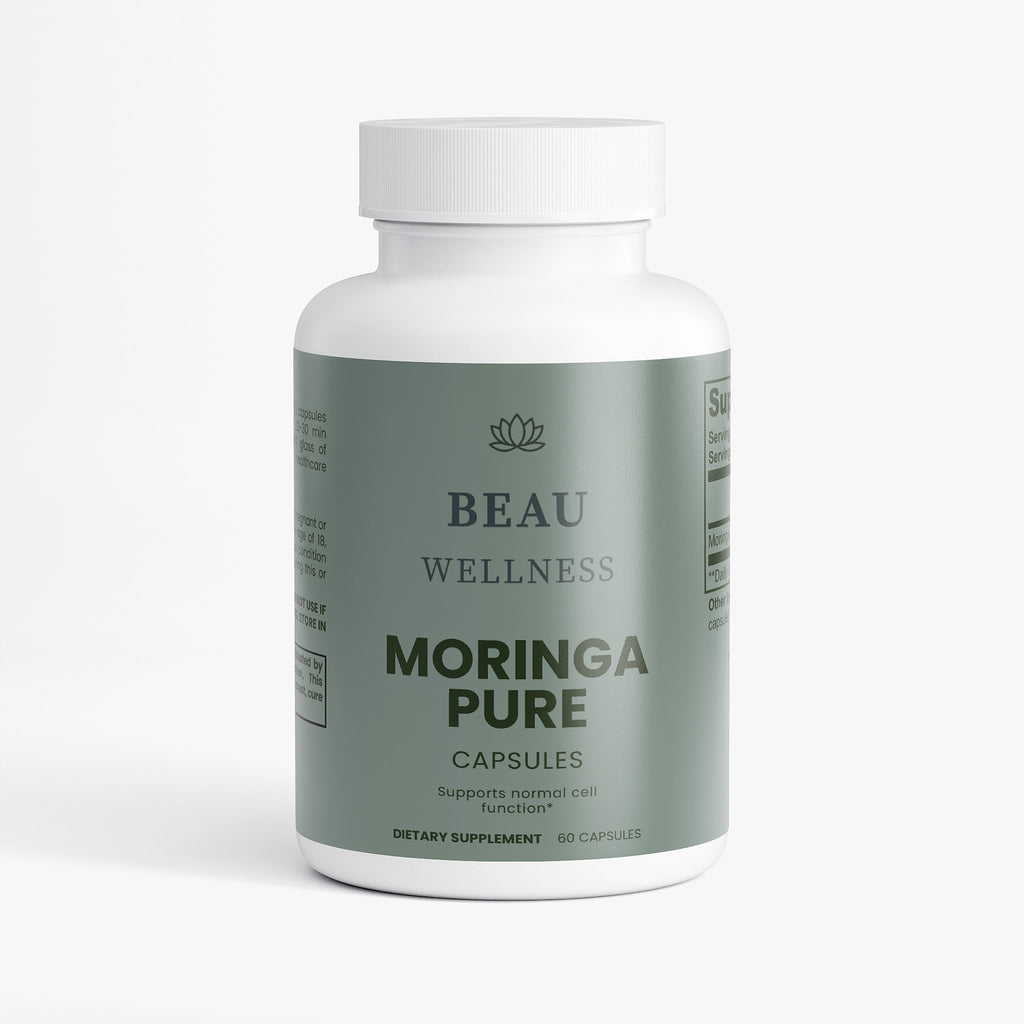 Beau Wellness Moringa Pure Oleifera Capsules - Nutrient-Rich Green Superfood Supplement⁠ on white background.
