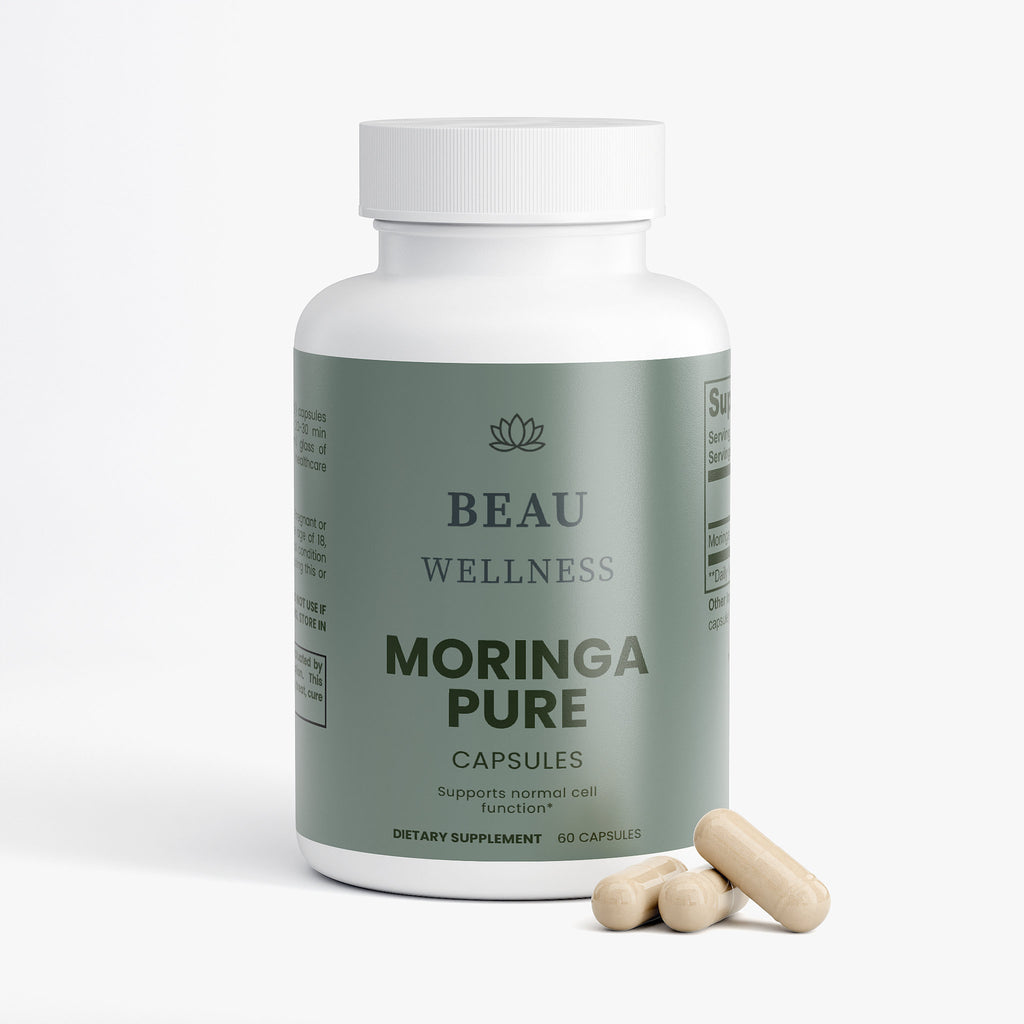 Beau Wellness Moringa Pure Oleifera Capsules - Nutrient-Rich Green Superfood Supplement⁠ on white background.