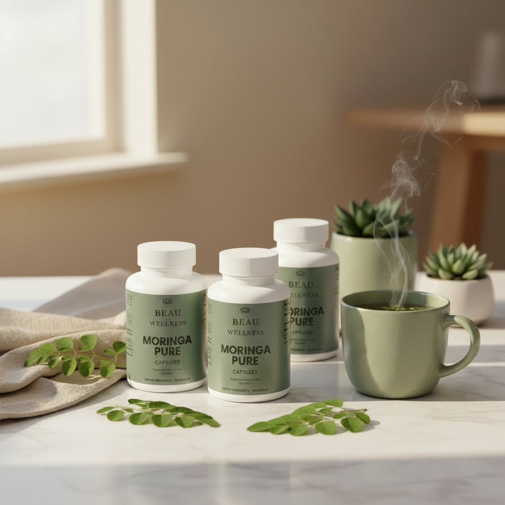 Three bottles of Beau Wellness Moringa Pure Oleifera Capsules - Nutrient-Rich Green Superfood Supplement⁠ on white background.