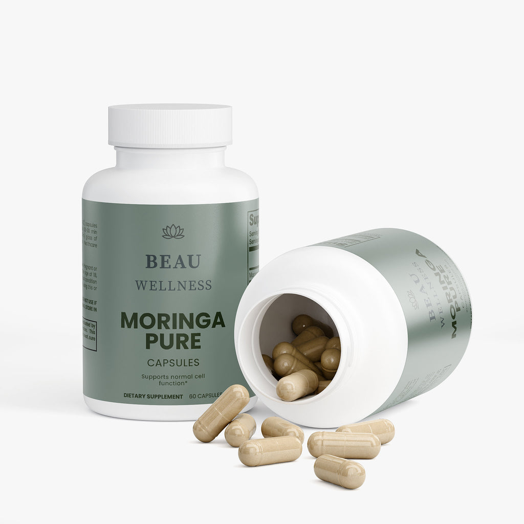 Two bottles of Beau Wellness Moringa Pure Oleifera Capsules - Nutrient-Rich Green Superfood Supplement⁠ on white background.