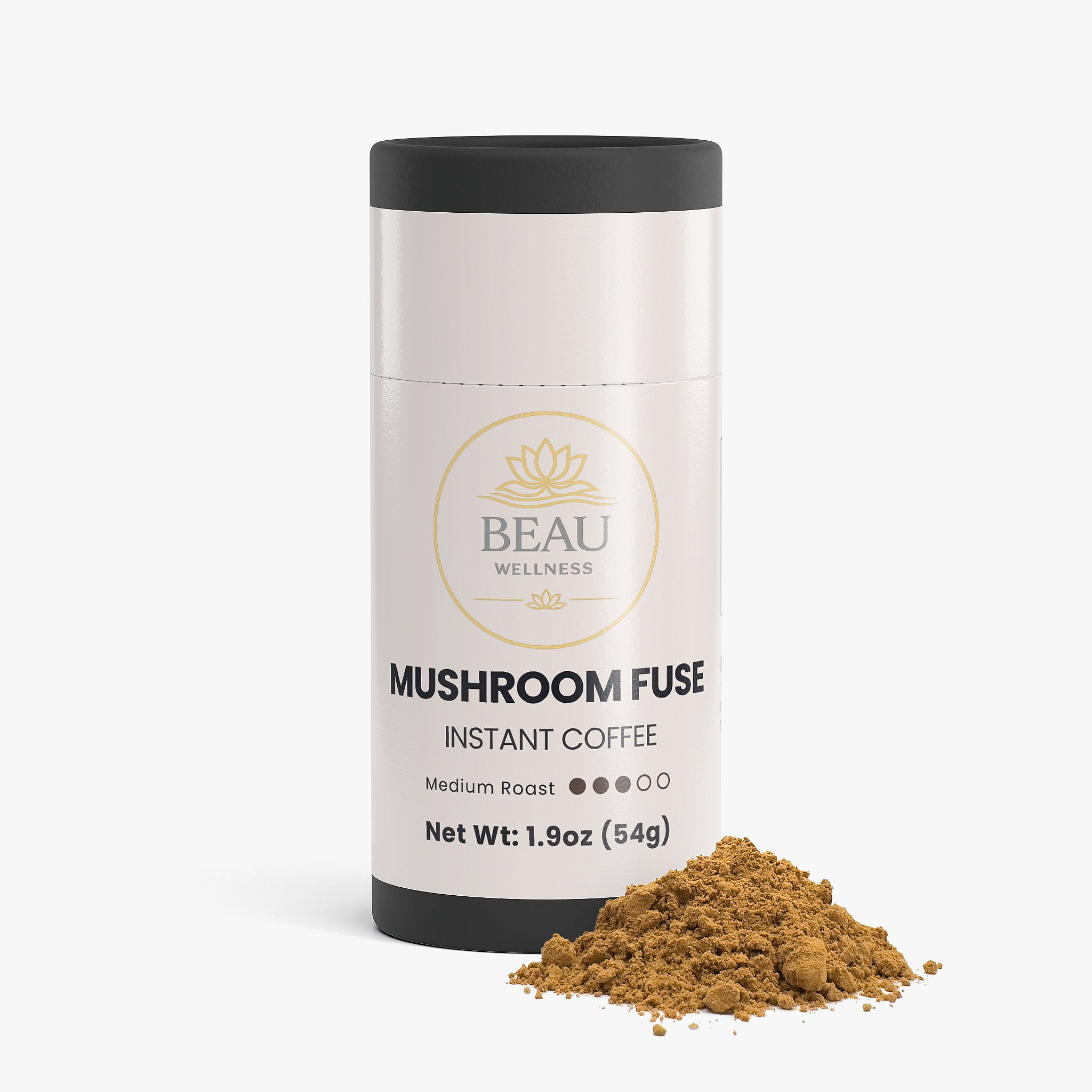 Beau Wellness Mushroom Fuse Instant Coffee canister with Lion's mane and Chaga on a white background