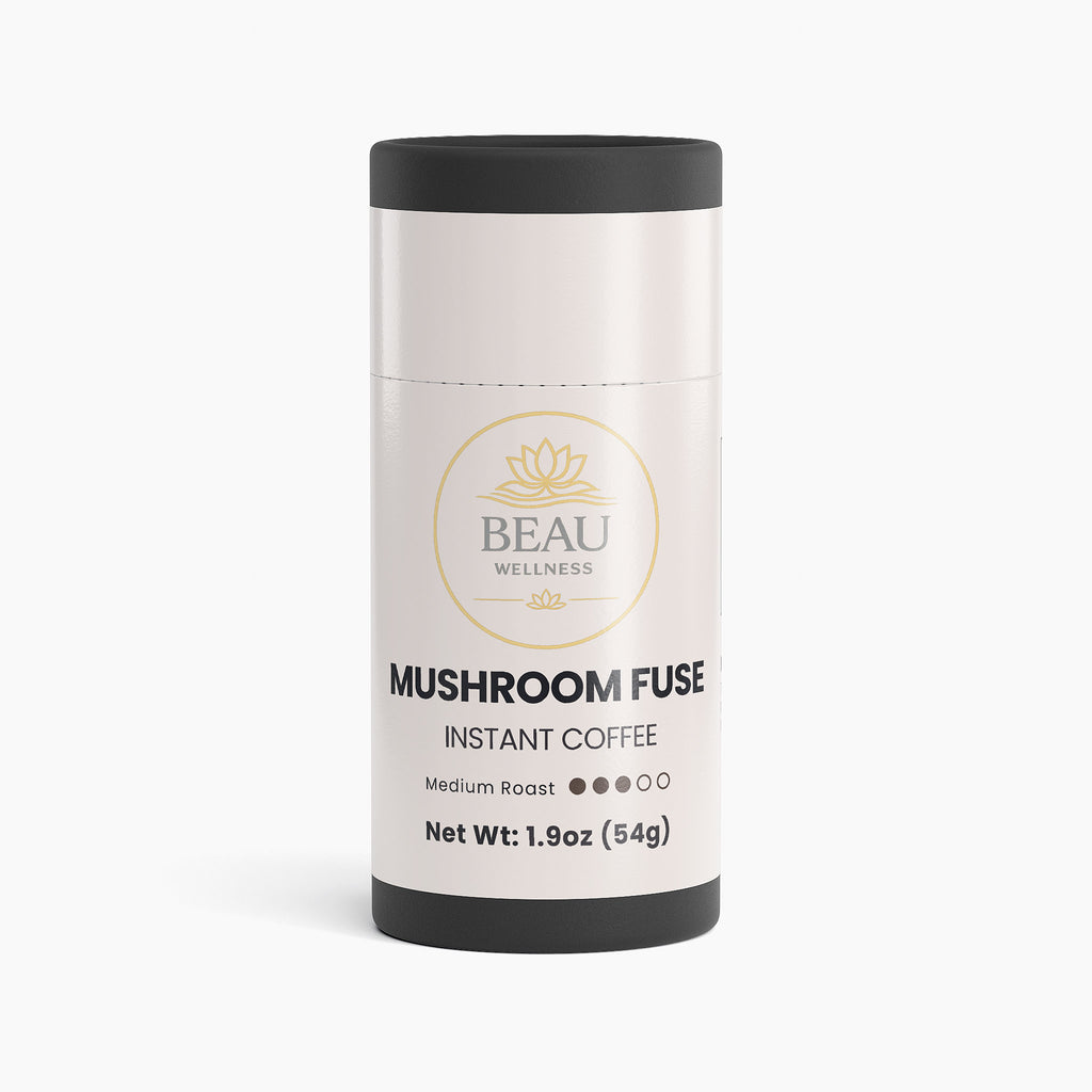 Beau Wellness Mushroom Fuse Instant Coffee with Lion's Mane and Chaga – medium roast single origin Papua New Guinea blend for focus, clean energy and calm – vegan, halal on a white background
