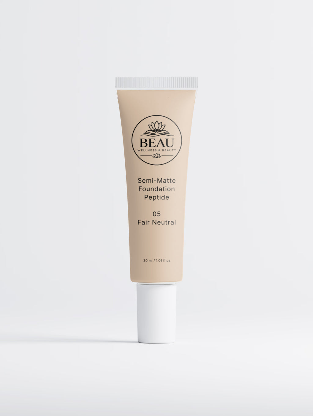 A squeeze tube of BEAU Wellness & Beauty Cosmetics & Skincare Semi-Matte Peptide Foundation in shade 05 Fair Neutral, shown on a clean white background.