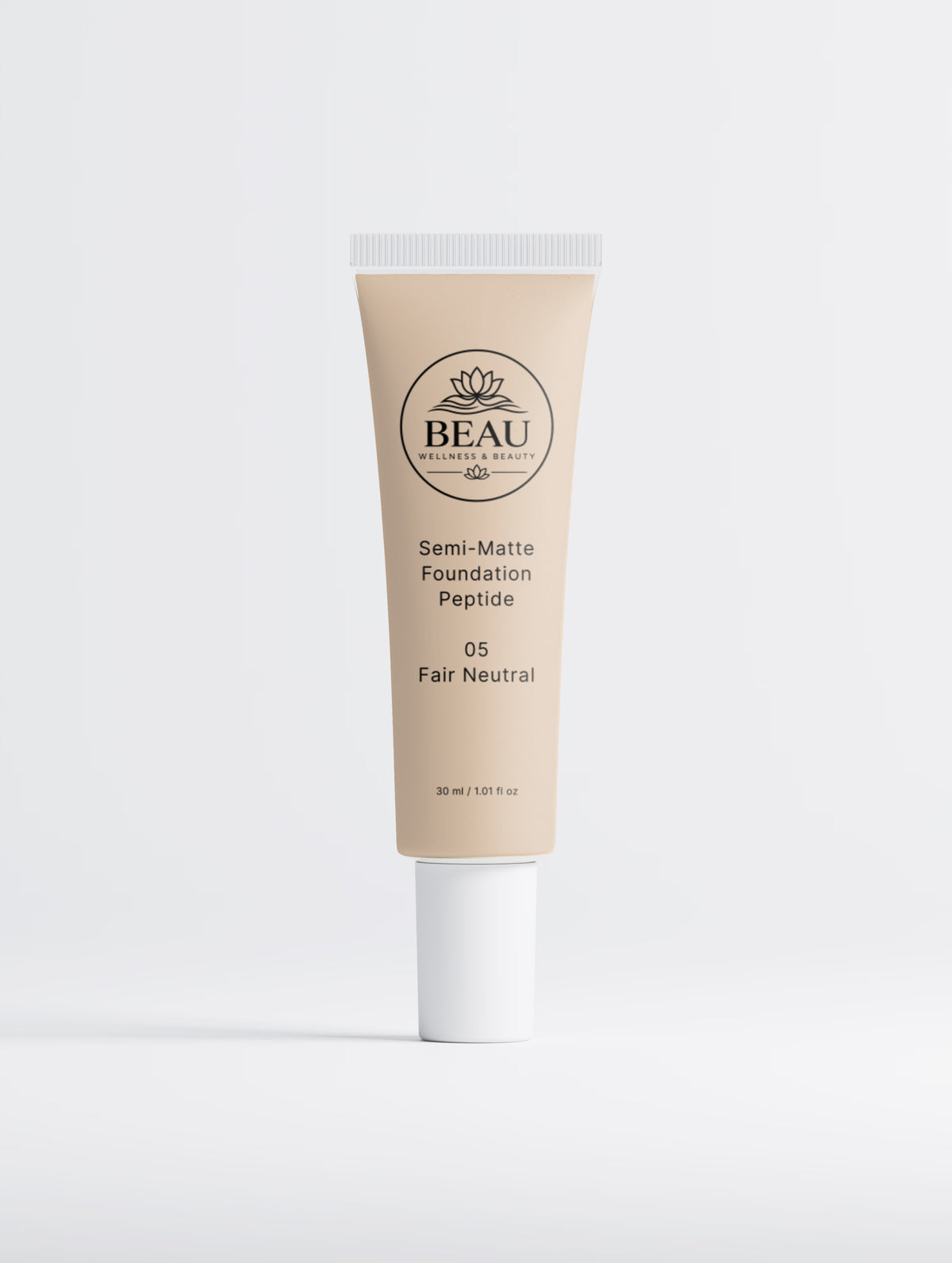 A squeeze tube of BEAU Wellness & Beauty Cosmetics & Skincare Semi-Matte Peptide Foundation in shade 05 Fair Neutral, shown on a clean white background.