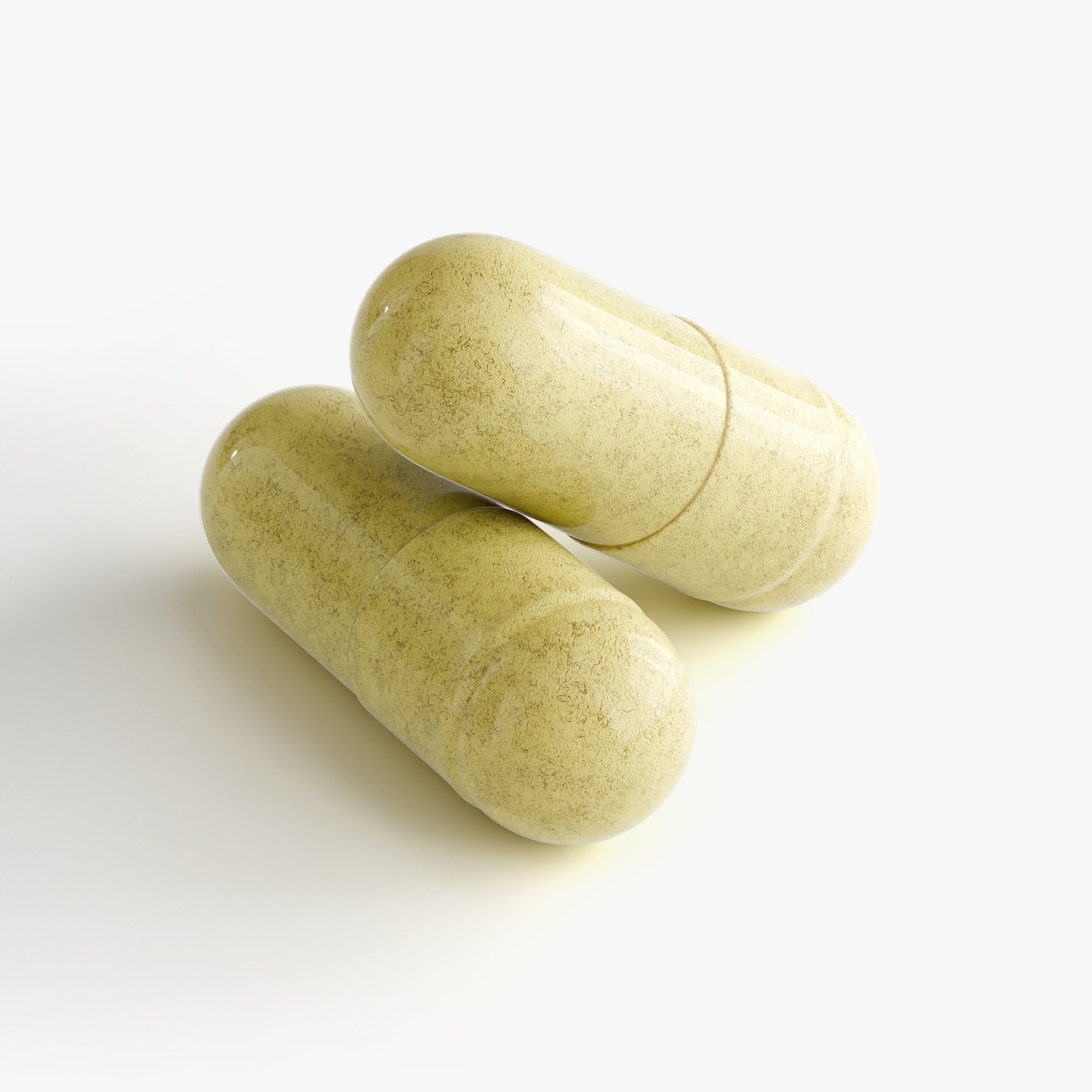 Two loose capsules of Beau Wellness NAD Plus Longevity Complex Capsules with Resveratrol and Quercetin⁠ on white background.