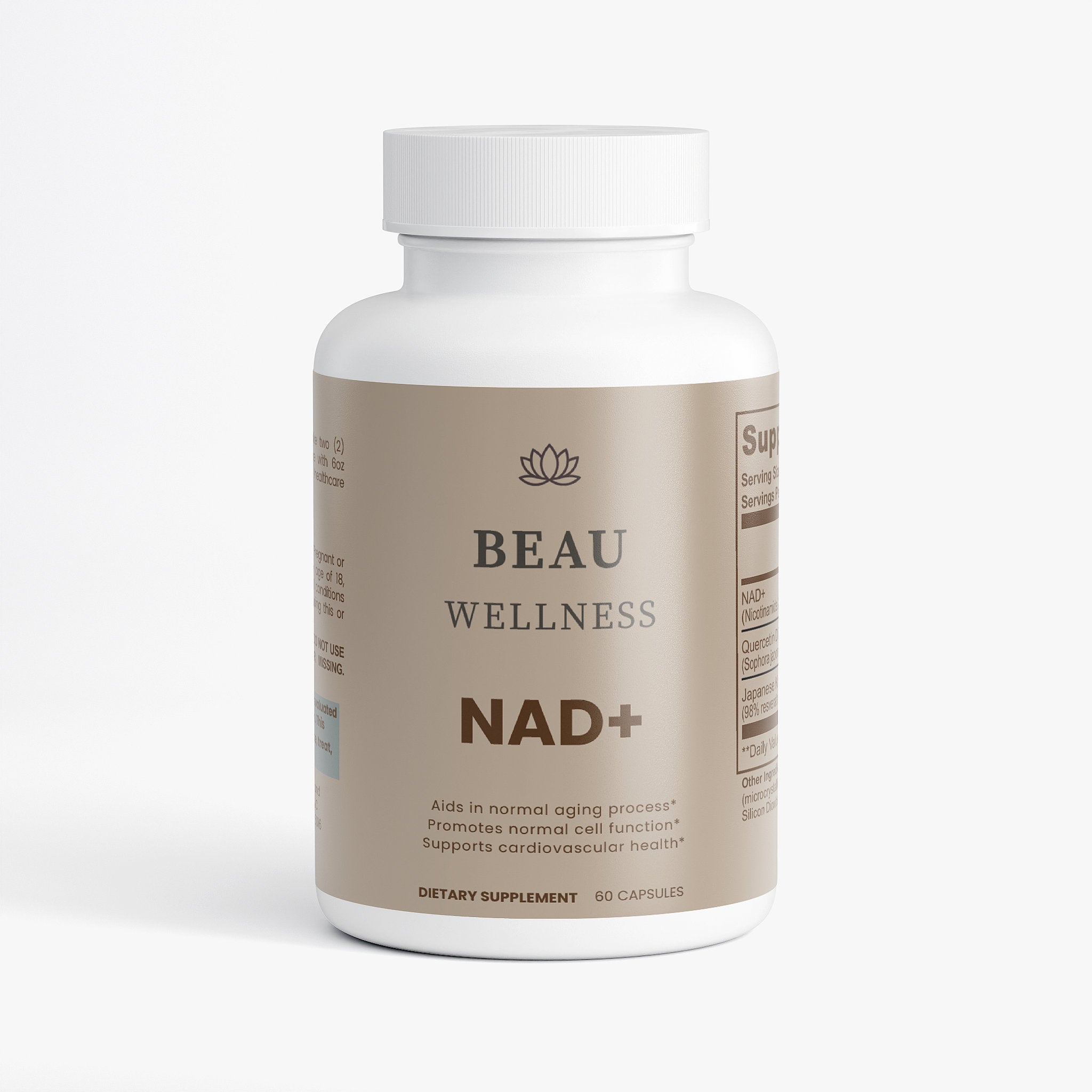 Beau Wellness NAD Plus Longevity Complex Capsules with Resveratrol and Quercetin⁠ on white background.