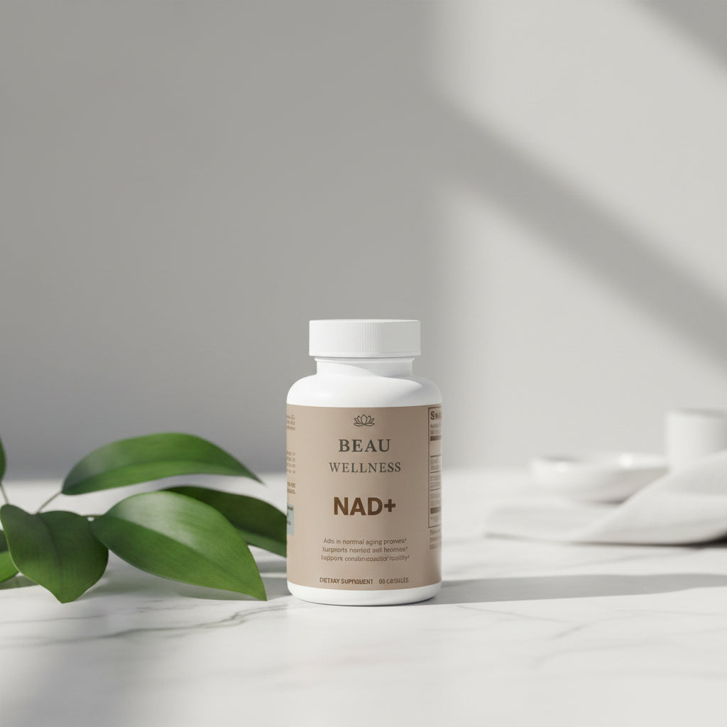 Three bottles of Beau Wellness NAD Plus Longevity Complex Capsules with Resveratrol and Quercetin⁠ on white background.