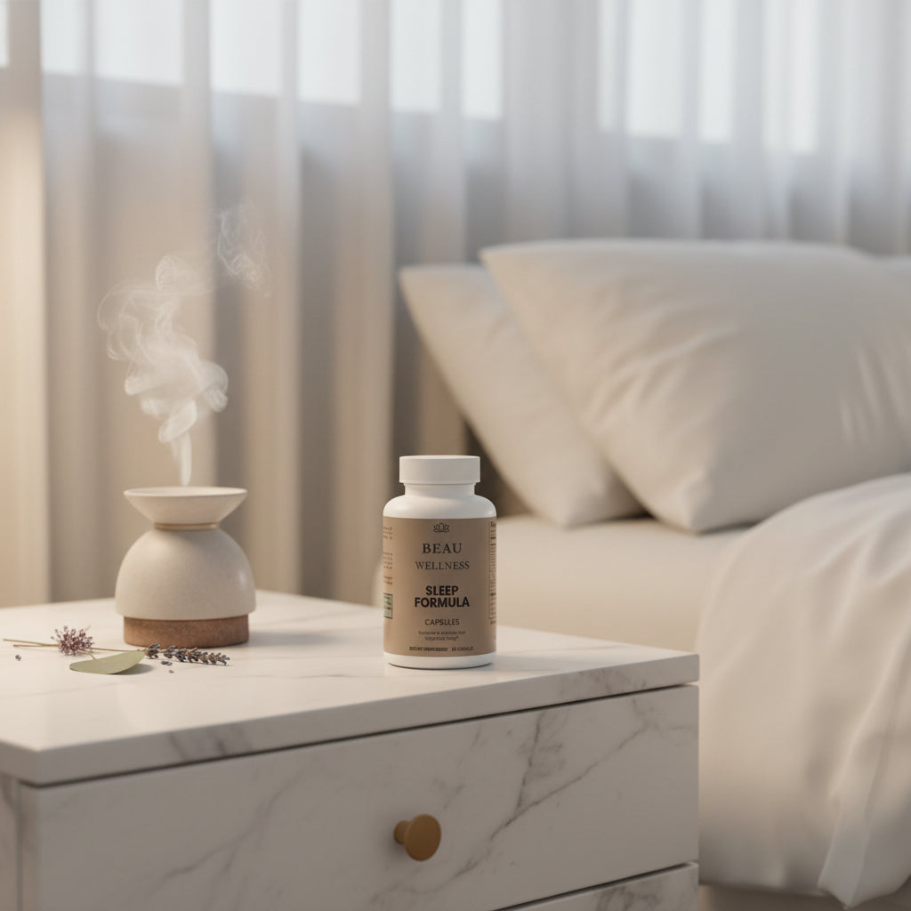 Three bottles of Beau Wellness Sleep Formula supplement bottle  featuring natural ingredients like GABA, Melatonin, and Valerian Extract to support a restorative sleep cycle for adults.⁠