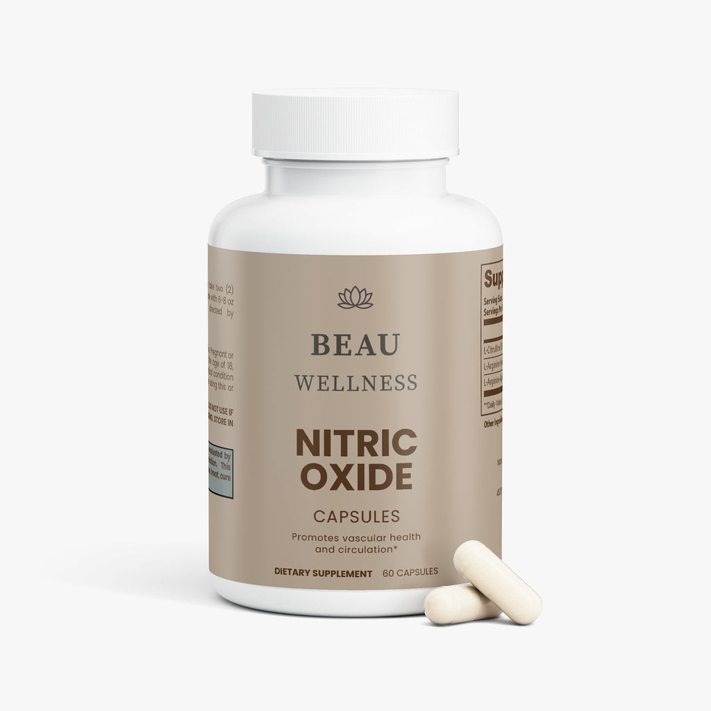 Beau Wellness Nitric Oxide capsules with L-Arginine and L-Citrulline for muscle growth, circulation, and exercise performance with two capsules near bottle on white background.