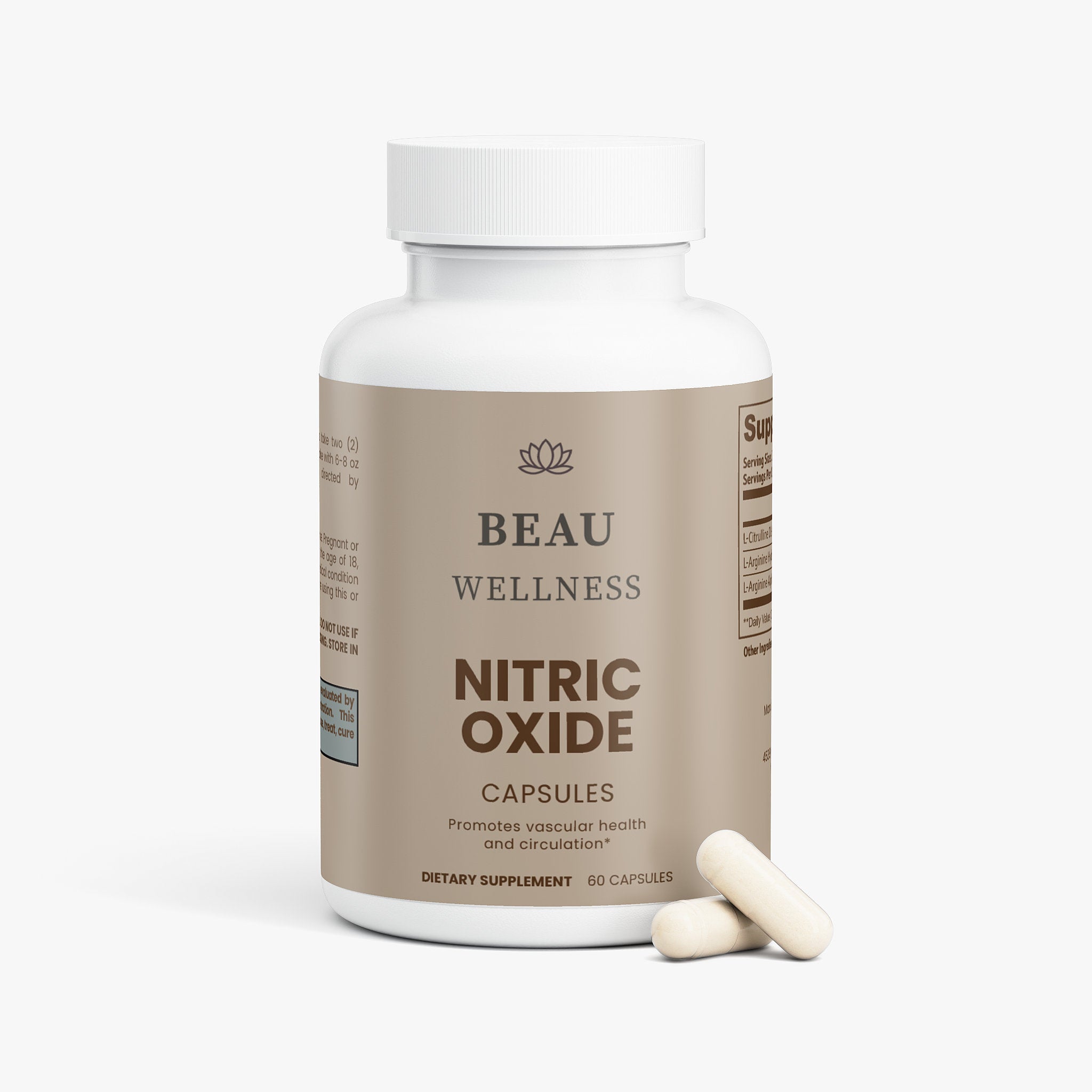Beau Wellness Nitric Oxide capsules with L-Arginine and L-Citrulline for muscle growth, circulation, and exercise performance with two capsules near bottle on white background.